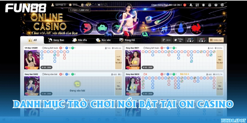 Danh mục trò chơi nổi bật tại ON Casino